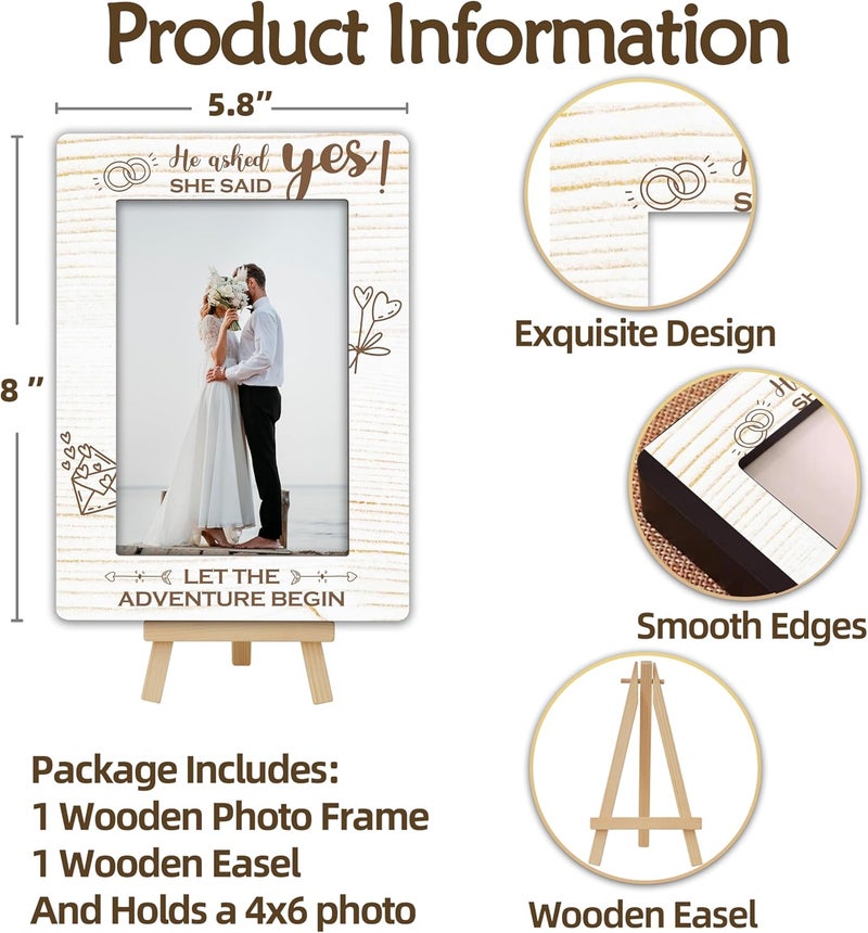 OXRUN Personalized Picture Frame, Wedding Gifts Wooden Photo Frame with Easel, 4x6 Picture Frame for Tabletop Display - He Asked, She Said Yes - A13 - Image 2
